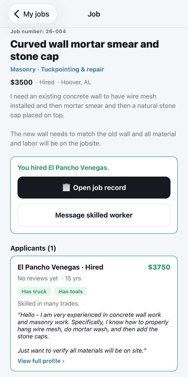 The e-Manual Labor app showing a masonry job in Hoover, Alabama with a hired skilled worker and their bid.